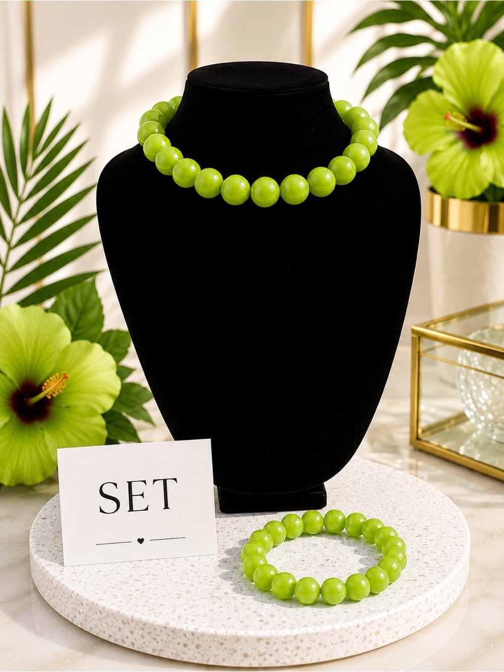 Lime Green Beaded Necklace & Bracelet Set - Women Jewelry